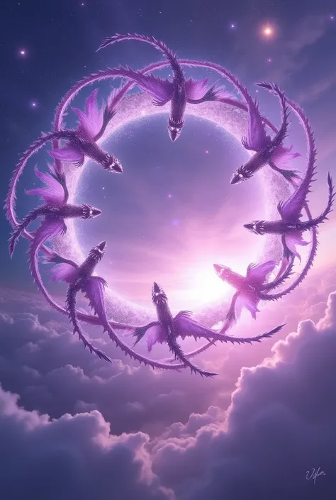 Sky with shades of purple , with 27 ,  dragons each in a circular shape , Separated 