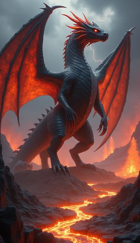 ### **Majestic Obsidian Dragon in a Molten Inferno**  

Envision a towering obsidian dragon, its body forged from smooth, glass-like volcanic rock that gleams with fiery reflections. Its scales shimmer with glowing veins of molten orange, giving the impres...