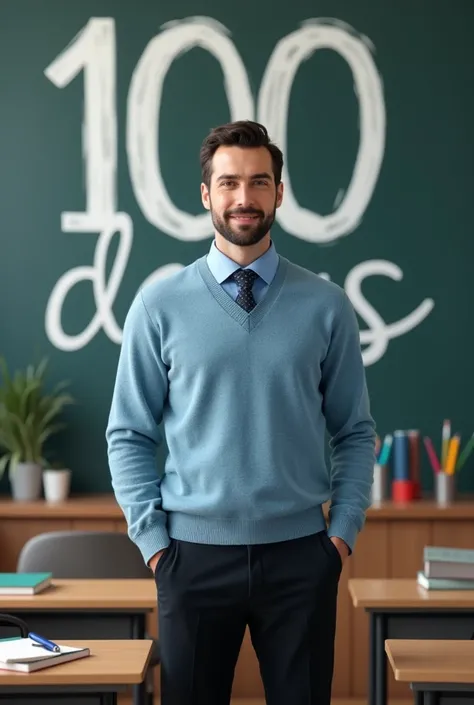 A typical man whose sweater is light blue and his pants are black and has a shirt the color of the sweater and a tie the color of his pants that is his back say 100 days and school supplies 