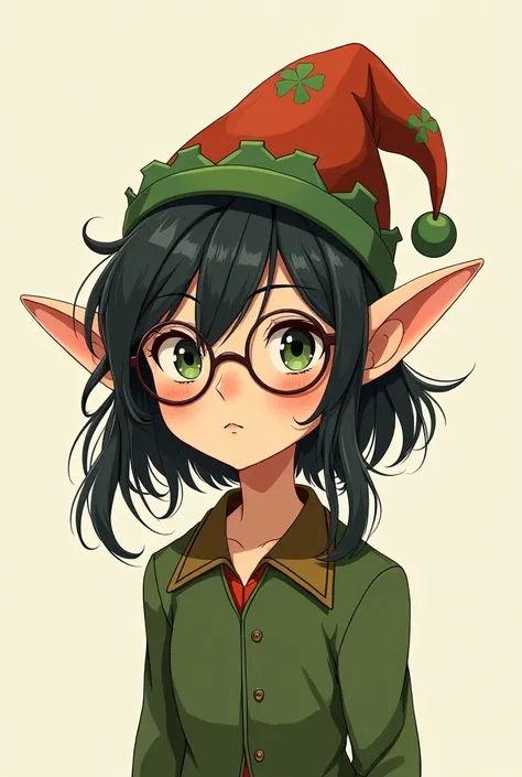  Christmas elf with black hair and glasses and a leprechaun hat looking straight ahead only at the face, with studio drawing style Ghibli  