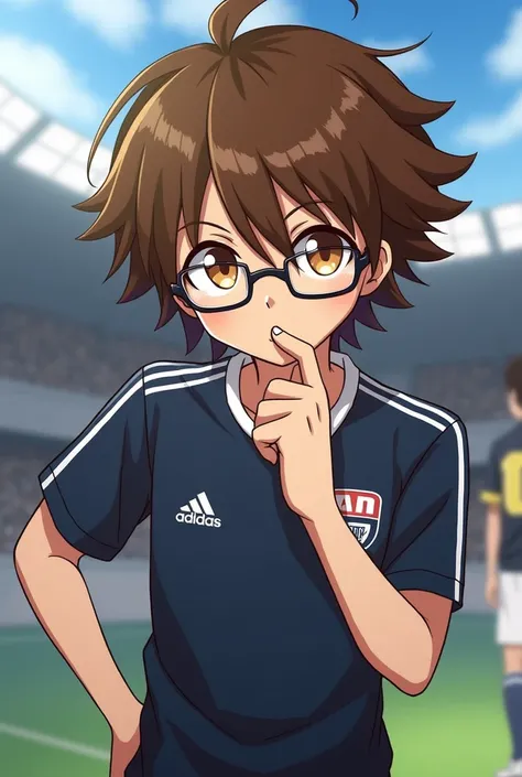 Male character inspired by the series "Inazuma Eleven"  with brown hair around the shoulders, brown eyes and glasses