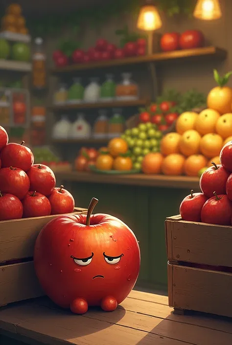 Drawing of a fruit shop where an apple is sad to see better apples arriving than it 