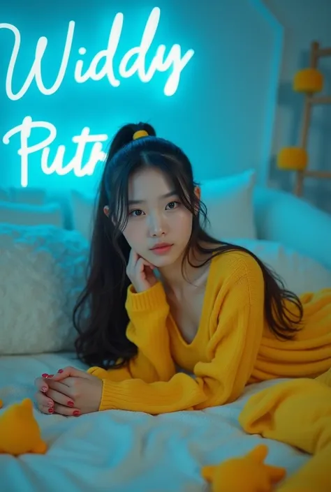 displays real photos like a model, 5beautiful Korean woman with phonytail hair, wearing thick yellow clothes, lying on the bed, lying down, covered in a bad cover, Dana application motif, Widya Putri, very sweet, comfortable bed, blue atmosphere, lots of y...