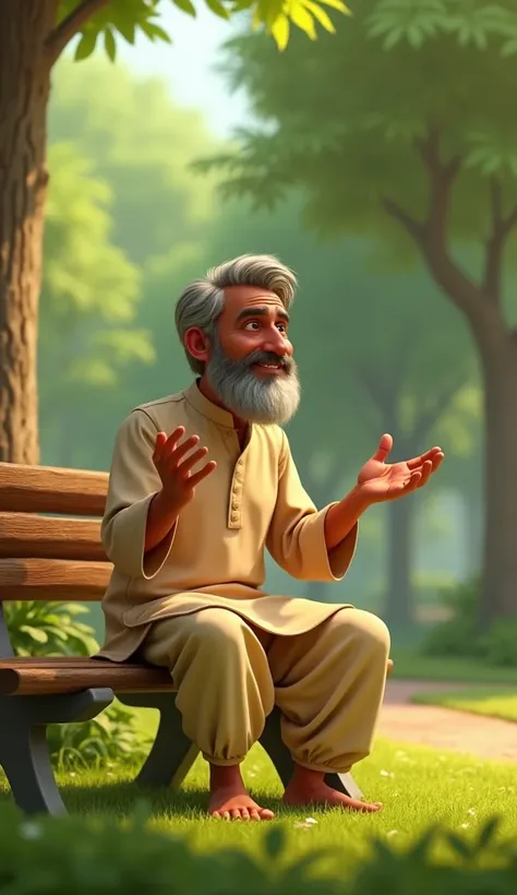 a pakistani 40 years age man, traditional dressing, talking by pointing the hands, sitting on bench, asking, park in background, disney pixar style image
