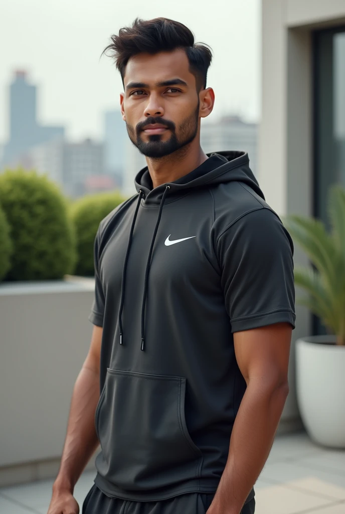 A realistic half-body portrayal of a young, confident Indian man with a neat hairstyle, dressed in stylish Nike apparel—a sleek branded hoodie or T-shirt paired with modern joggers. He stands outdoors in an upscale urban environment, such as a rooftop terr...