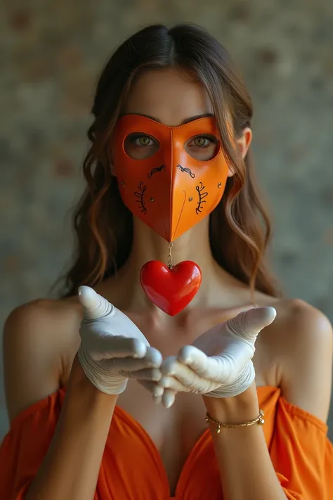   brown with long, smooth brown hair with white highlights in her hair wearing an orange virus mask and receiving a red heart from a mysterious hand with white gloves. She wears an orange dress and golden accessories 