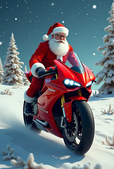 Santa Claus riding a Ducati sports bike with the word Moto Project in the background 