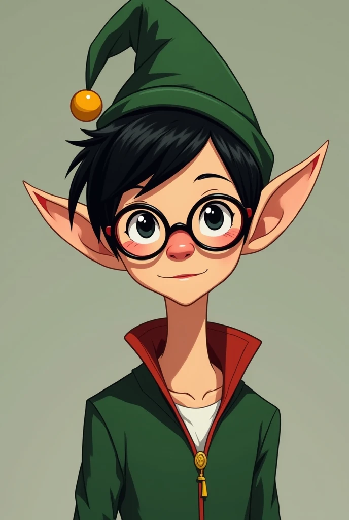  Christmas elf with black hair and glasses and a leprechaun hat looking straight ahead only at the face, Stylish studio Ghibli drawing looking straight ahead