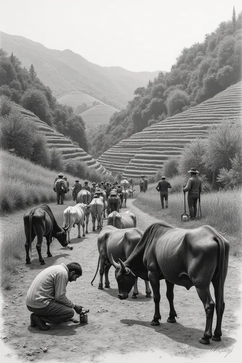  Create a drawing in pencil charcoal where on an Andean hill in Ayacucho Peru, people are cleaning their farms ,  and others are cleaning the irrigation channels  ,  others are making tools for their cows 