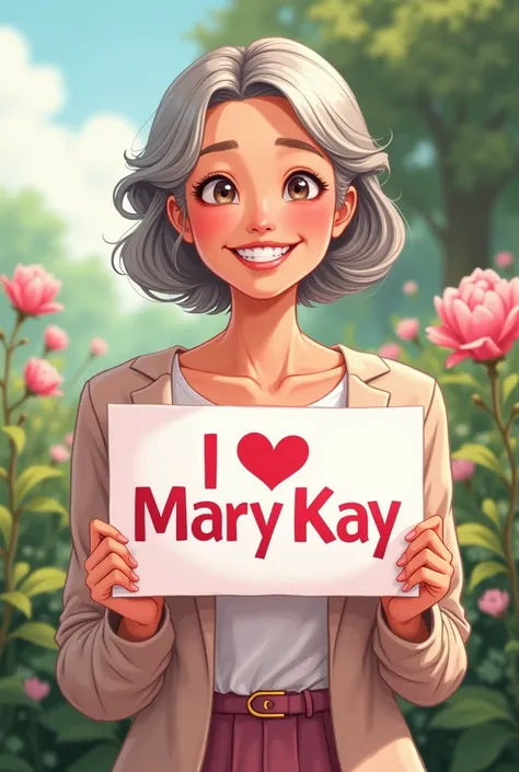  A beautiful and pretty woman about 55 years old holding a sign that reads "I love Mary Kay ", happy, happy,  anime illustration ,  photorealistic ,  oil painting 