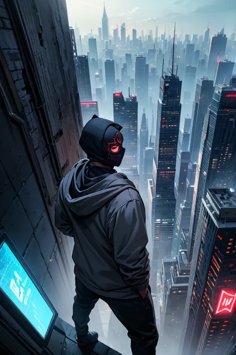 a young masked person wearing a hoodie, standing on the rooftop of a building, looking out at the cityscape, detailed facial features, intricate mask design, dynamic pose, cinematic lighting, moody atmosphere, urban environment, dramatic perspective, muted...