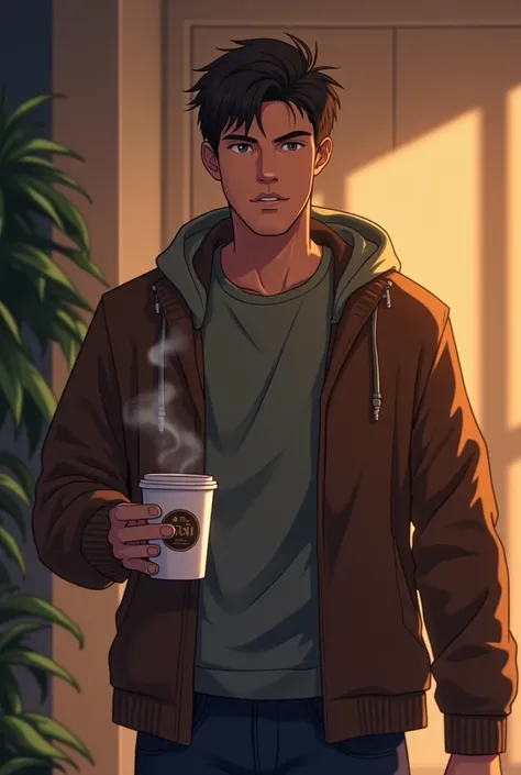 A male friend of Leo shows up with a cup of coffee in his hand that he comes out alone 