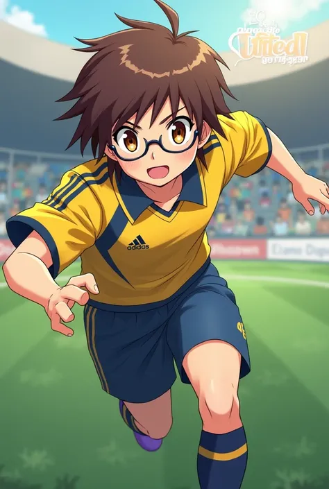 Male character inspired by the series "Inazuma Eleven"  with brown hair around the shoulders, brown eyes and glasses, with yellow and blue equipment 