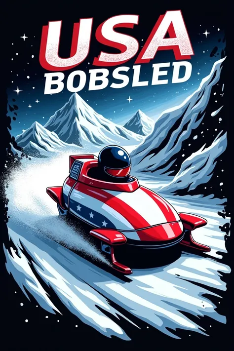 Create a dynamic graphic featuring a sleek bobsled speeding down an icy track, designed with a black background. Use the colors of the American flag (red, white, and blue) prominently in the design. Add a mountain backdrop with icy textures for a winter sp...