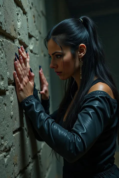 Woman scratching on stone wall with long fingernails