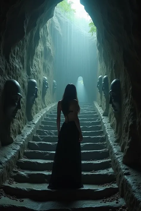 Huge cave . Underground area .  With water dripping .  beautiful woman,   Slim and voluptuous body ,  Large breasts ,  dressed in sexy medieval lace , quiet .  Descending down solid stone stairs to an intraterrestrial world.  On the sides of the undergroun...