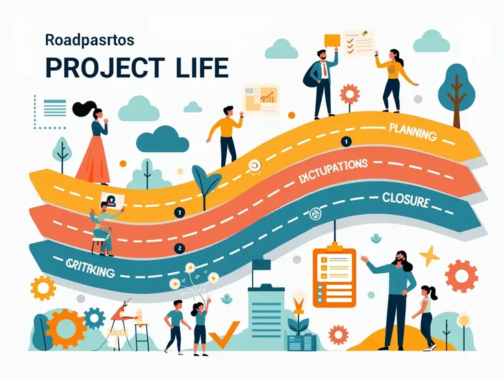 A whimsical, colorful roadmap representing the five stages of a project life cycle: initiation, planning, execution, monitoring, and closure. Each stage is depicted with a different vibrant color and funky illustrations symbolizing each phase, like gears, ...