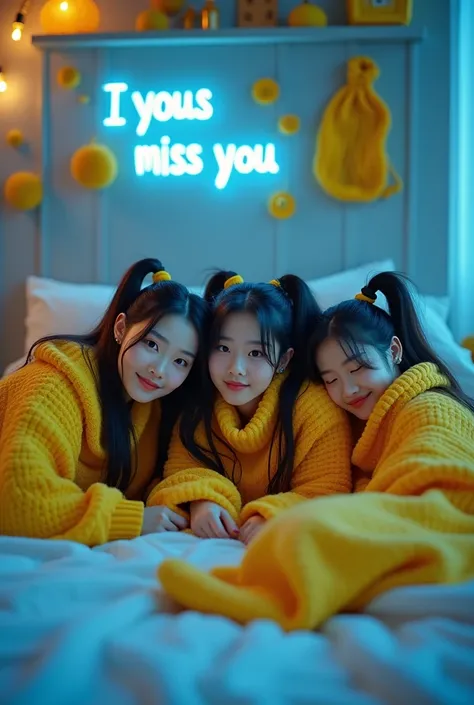 displays real photos like a model, 3 beautiful Korean woman with phonytail hair, wearing thick yellow clothes, lying on the bed, lying down, covered in a bad cover, Dana application motif, Widya Putri, very sweet, comfortable bed, blue atmosphere, lots of ...