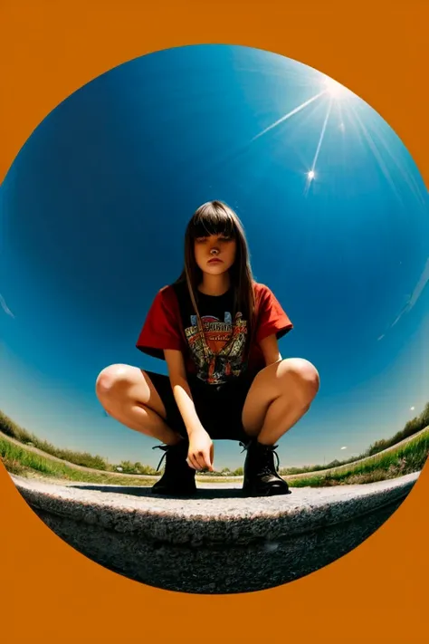 ,  alternative fashion ,  1 girl, Brother, illustration, poster, Idol, squat, fisheye lens  