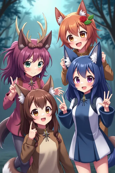  4 anime characters wearing the following costumes: deer, Lobo, Crow and Fox 