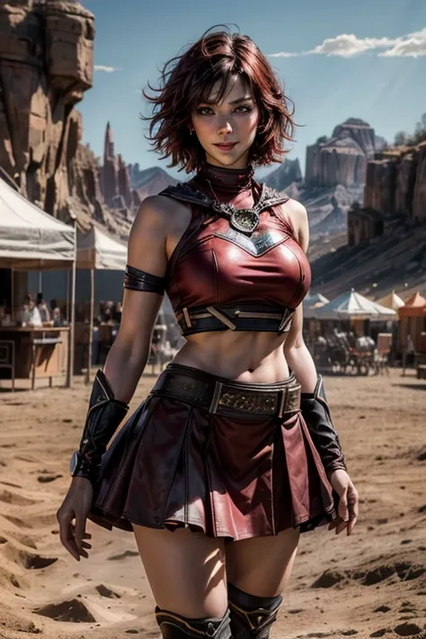 srwby, short hair, black hair, red hair, t-shirt, skirt, boots, gradient hair, grey eyes, outdoors, standing, smile, (cowboy shot), dynamic pose, standing near traveling circus, in desert, crowd, intricate details, tonemapping, sharp focus, hyper detailed,...