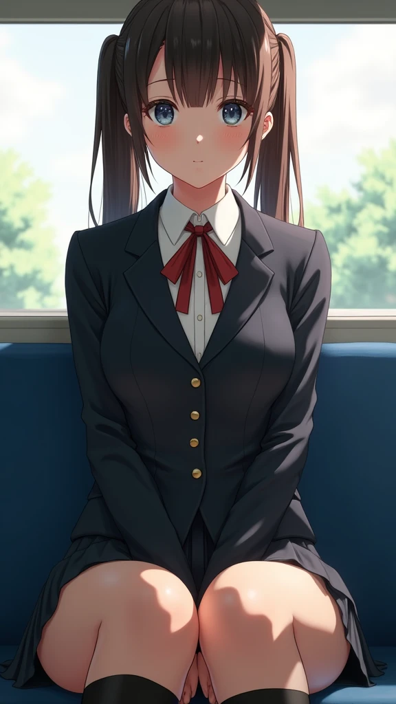 (8k), ( best quality: 1.2), (Realistic), (Realistic: 1.37),  ultra high resolution,  1 girl, cute,  Serious Face ,  closed mouth,  beautiful details , Beautiful Nose, Beautiful Hair,  ponytails, pork, Thighs，Self snap, school uniform,Riding a train in Toky...