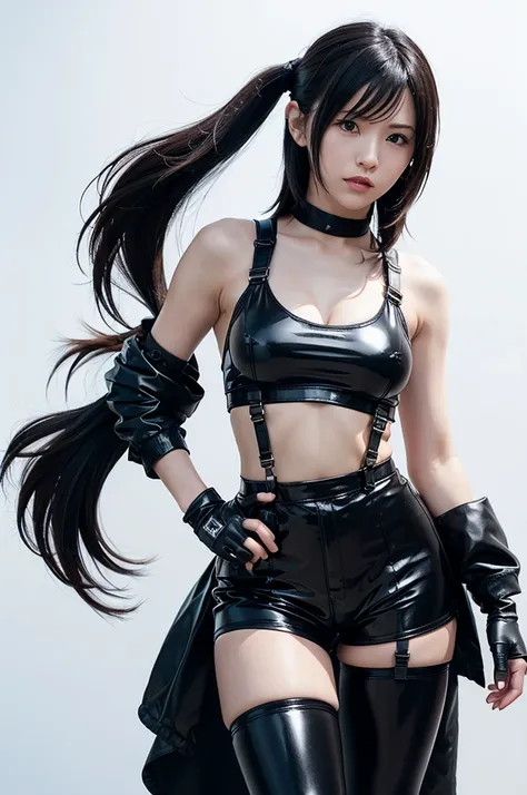 white simple background tifa Lockhart from final fantasy 7. black latex bra mini latex black shorts pants, body harness neck choker gloves latex stockings black latex outfit skin tight 