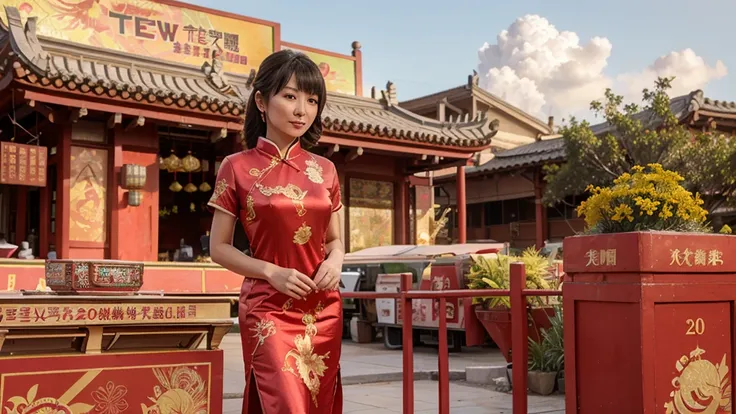 sexy chinese new year girl wearing a china dress, 45 years old, Bright sky, cloud, New Year 2024