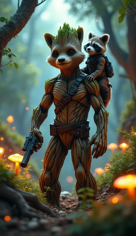 Rocket Raccoon and Groot, Rocket stands on Groot’s shoulder, holding a futuristic blaster in one hand, his eyes narrowed in focus, while Groot, towering over him, stands in a strong, protective pose with his arms outstretched, The scene takes place in a de...