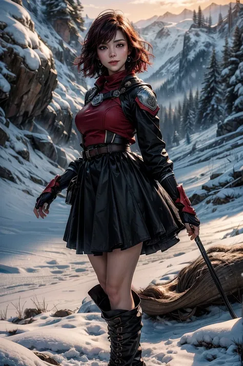 srwby, short hair, black hair, red hair, t-shirt, skirt, boots, gradient hair, grey eyes, outdoors, standing, smile, (cowboy shot), dynamic pose, standing with a crowd on a mountain top, snow, far in the distance a small town sits in a valley, intricate de...