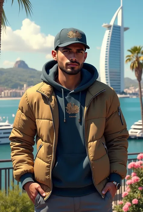 A realistic half-body depiction of a young, confident Indian man wearing a stylish branded cap and dressed in premium casual attire, such as a designer hoodie or jacket paired with sleek trousers. He is standing outdoors in a picturesque setting, such as o...