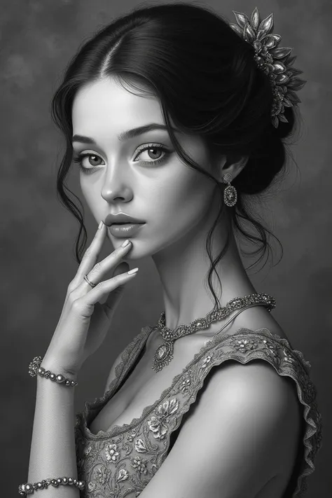 ( best quality , 4K,  High resolution , masterpiece: 1.2),  ,  realistic black and white lady figure, (Ink style: 1.3),  detailed and beautiful eyes ,  beautiful and detailed lips ,   detailed face gloves,   detailed flowing hair  , slender figure, vibrant...