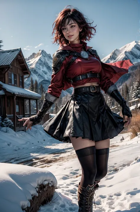 srwby, short hair, black hair, red hair, t-shirt, skirt, boots, gradient hair, grey eyes, outdoors, standing, smile, (cowboy shot), dynamic pose, standing with a crowd on a mountain top, snow, far in the distance a small town sits in a valley, intricate de...