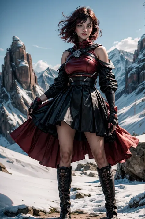 srwby, short hair, black hair, red hair, t-shirt, skirt, boots, gradient hair, grey eyes, outdoors, standing, smile, (cowboy shot), dynamic pose, standing with a crowd on a mountain top, snow, far in the distance a small town sits in a valley, intricate de...