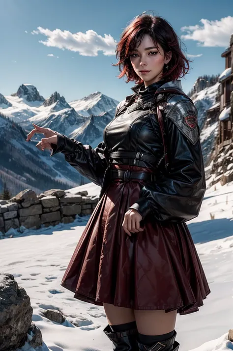 srwby, short hair, black hair, red hair, t-shirt, skirt, boots, gradient hair, grey eyes, outdoors, standing, smile, (cowboy shot), dynamic pose, standing with a crowd on a mountain top, snow, far in the distance a small town sits in a valley, intricate de...