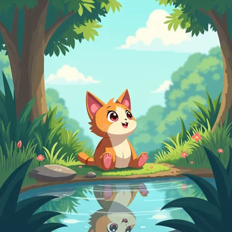 chibi male, with cat ears, sitting position, looking at the sky, full body pose, sitting in a jungle, by a river, in digital art cartoon anime style, flat colors only.