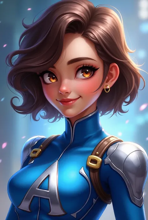 aparência: Dri has short hair ,  at shoulder height,  with a slight undulation ,  and large, expressive brown eyes . Her clothing is vibrant ,  predominantly blue ,  with silver details that reflect her inner glow . a great "a"  adorns the chest of her cos...