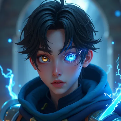  Young man 20 years old ,  dark brown semi-long hair ,  a brown eye and a blue eye with electricity (heterochromia). light swordsman armor blue futuristic shoulder pads and chest with hood on. semi-realistic avatar 2 .5 d, gamer, fantasy,  Super Detailed, ...