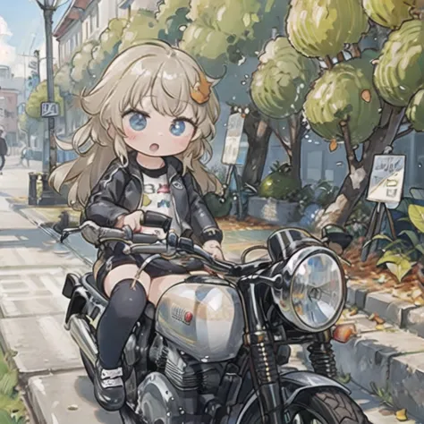 (masterpiece,  best quality:1.2), a young girl rides a motorcycle, alone,  fallen leaves for vaginal discharge ，