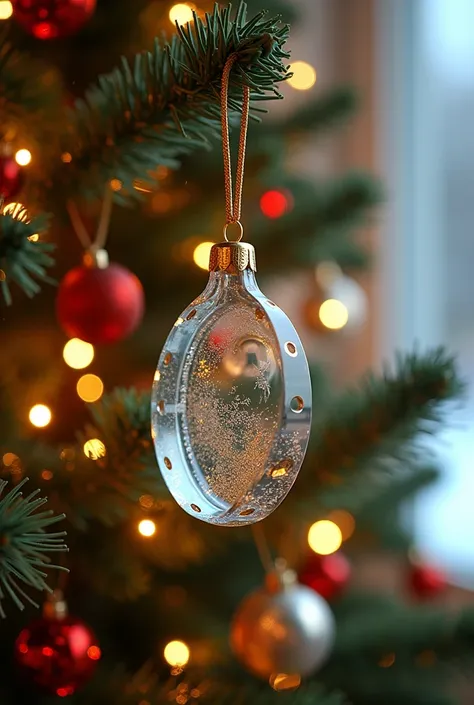 Decorated Christmas tree and part of the decoration a flat round acrylic ornament seen from the front hung with golden thread perforated on the top of the tree without a cap