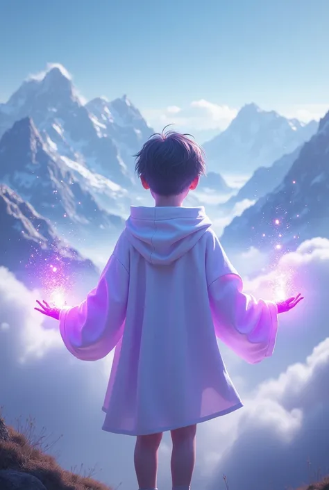 1 boy, clouds mountain background, wearing white oversize hoodie, angel, no face, high resolution, 4k, 8k, UHD, aura, purple aura coming out of hands, standing in middle of sparkling clouds, facing away, wind blowing fast