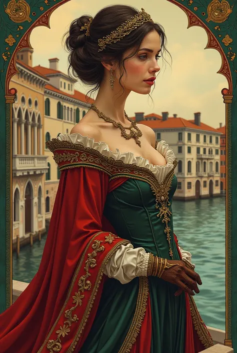  Personification of the city of Venice as a beautiful woman in regal clothes , with proportional forms ,  with an austere and fascinating appearance surrounded by an aura of magic and mystery with the style and colors of Art Nouveau