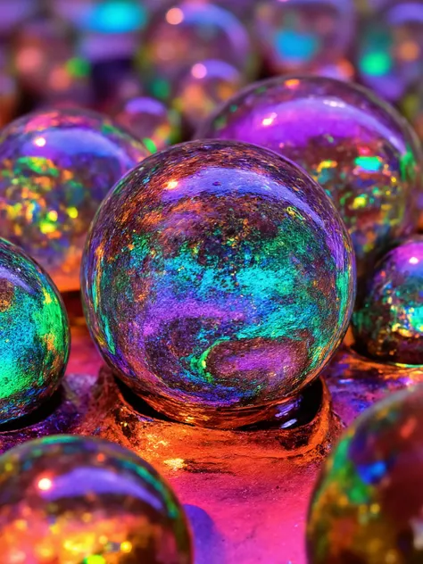 Incredibly detailed 3d glass spheres and bubbles with depth and neon fizzy liquid inside that spill out of one and into anorher. vibrant colors in a psychedelic dream, shimmering glass morphing out of colors, tripped out detailed patterns in all colors, pe...