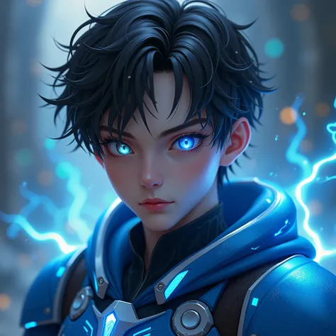  Young man 20 years old ,  dark brown semi-long hair ,  a brown eye and a blue eye with electricity (heterochromia). light swordsman armor blue futuristic shoulder pads and chest with hood on. semi-realistic avatar 2 .5 d, gamer, fantasy,  Super Detailed, ...