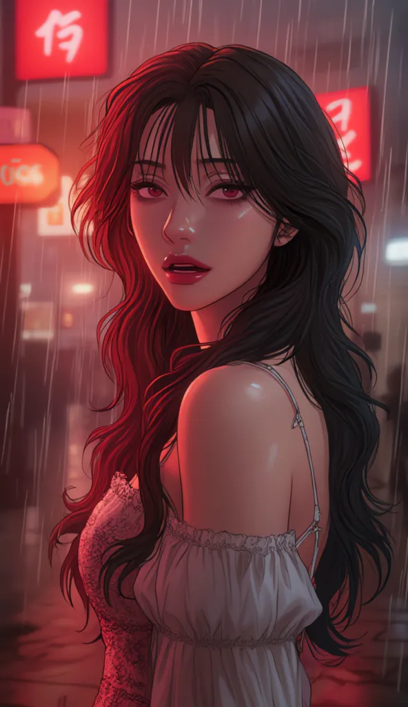 ((best quality, 8k, lace maxi dress, standing in the rain, red light district, highly detailed face and skin texture, detailed e...