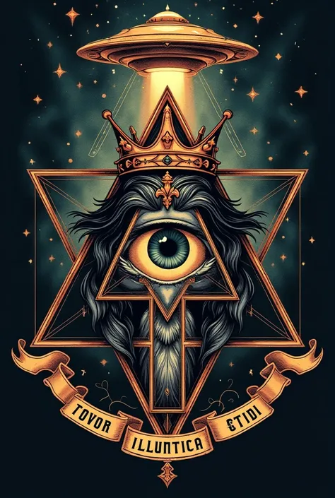 Illuminati one eye triangle inside triangle KING ERDİ lettering under one eye on the end of the triangle king crown and ufo flying above the king crown 