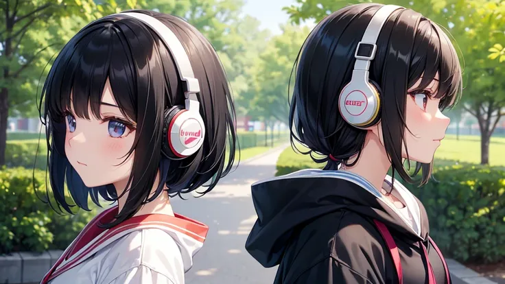 A young girl with black hair is wearing stylish clothes and headphones labeled "Lo-Fi." She is shown in profile, with a calm and serene expression as she gazes into the distance. Her hair is meticulously detailed, and her outfit is crafted with great atten...