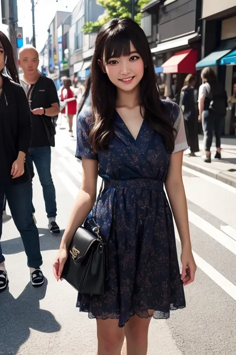 1japanese girl, cute dress, flats, long hair, bang, black hair, hand bag, smile, standing, in street of harajuku, BREAK, (full body shot) BREAK, (masterpiece, best quality:1.4), (8k, raw photo, photorealistic:1.2), ultra high res, detailed skin, detailed f...