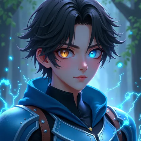  Young man 20 years old ,  dark brown semi-long hair ,  a brown eye and a blue eye with electricity (heterochromia). light swordsman armor blue futuristic shoulder pads and chest with hood on. semi-realistic avatar 2 .5 d, gamer, fantasy,  Super Detailed, ...