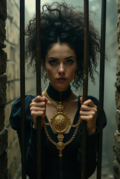 A crazy looking, german woman with tall, curly hair is holding an ancient golden necklace towards a prison cell